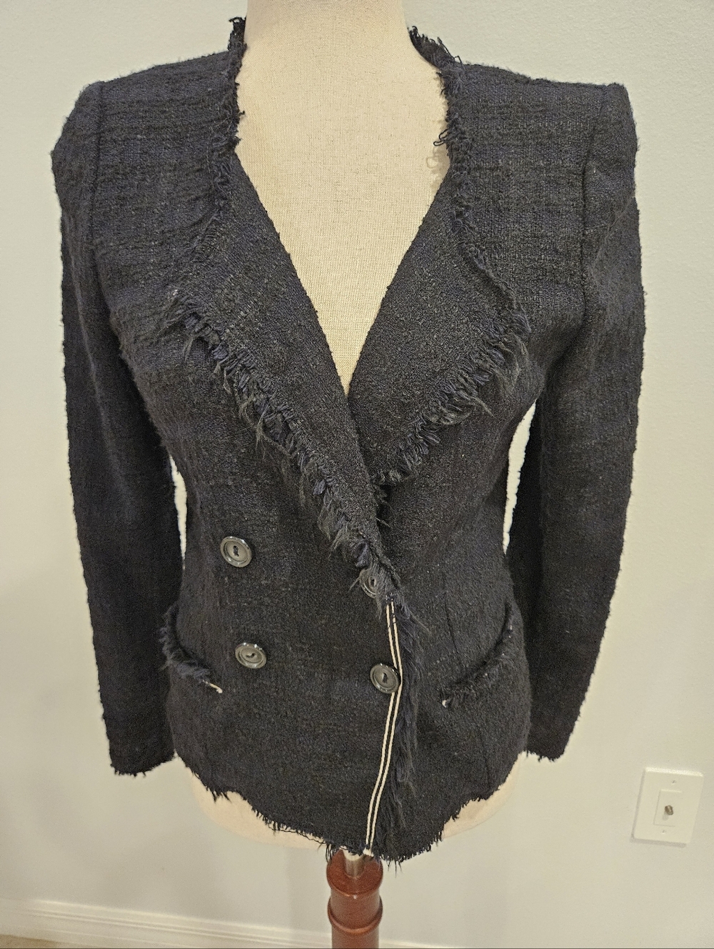 Isabel Marant Etoile Tweed Blazer Jacket Black Frayed Raw Edge Double Breasted S